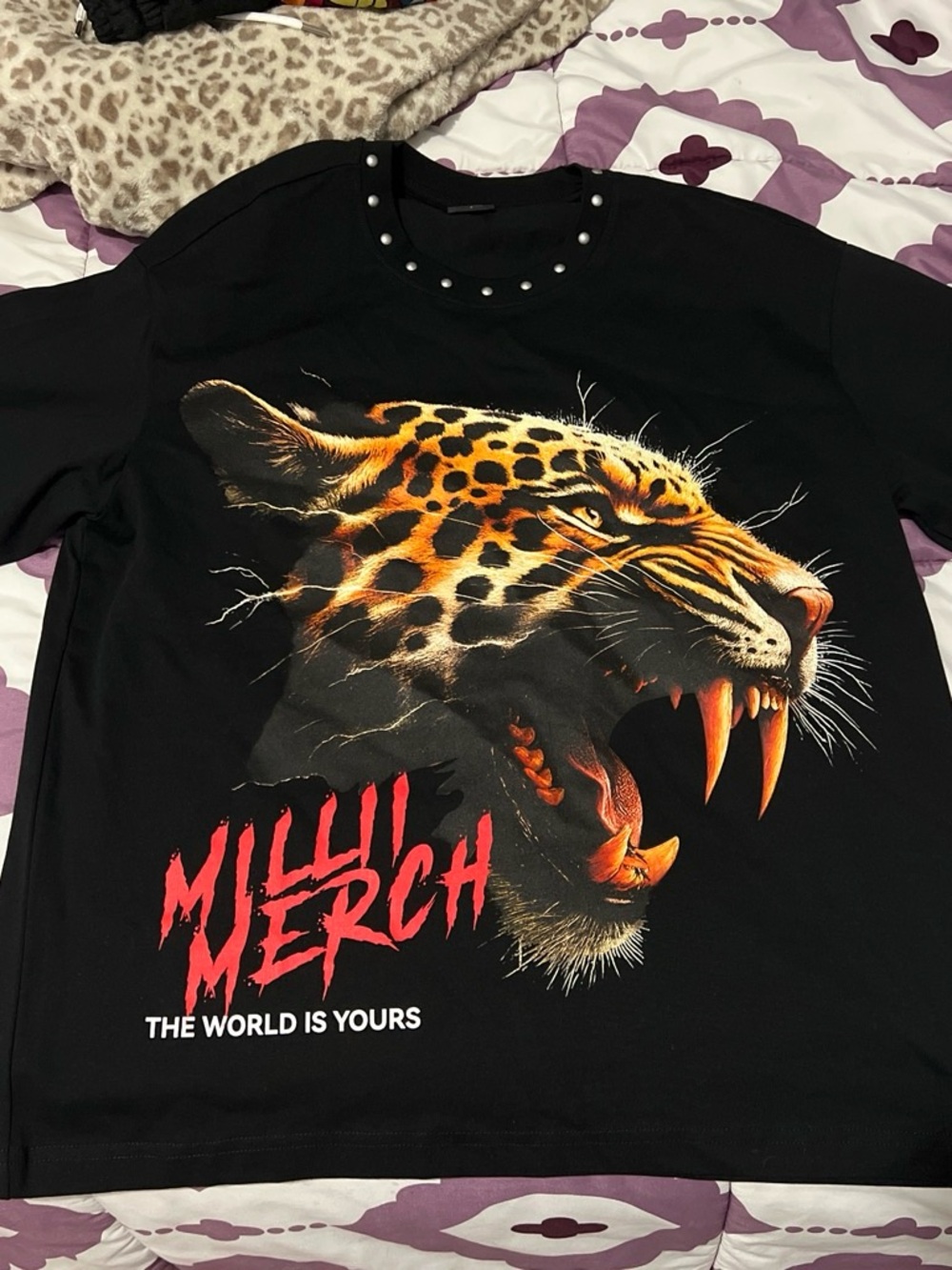 Valentino Garavani Black Tee with Yellow-Orange Leopard Graphic